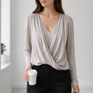 Lola & Sophie Surplice Draped Front Blouse Top Soft Grey Classic Office Size L